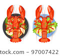 Boiled lobster salad, Cartoon vector seafood illustration. 97007422