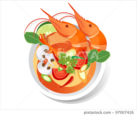 Tom Yum Kung Thai spicy soup,  thai food, vector 97007426