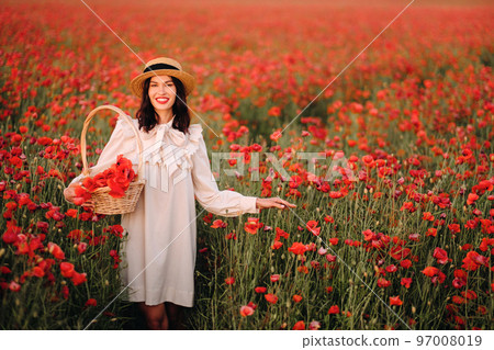 A girl in a white dress and with a basket of poppies walks through a poppy field A girl in a white dress and with a basket of poppies walks through a poppy field 97008019
