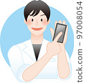 A male doctor or nurse pointing at a smartphone, a doctor in a white coat, a researcher, etc. 97008054