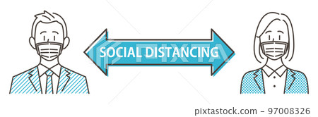 為防止病毒感染而採取社交距離的人的矢量插圖材料 97008326