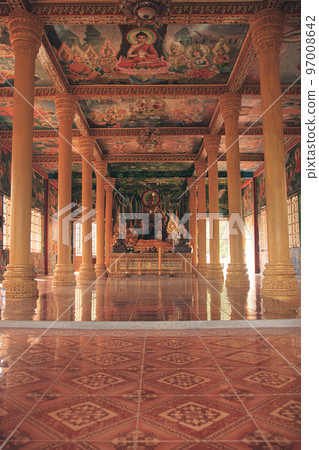Beautiful interior and altar of a traditional Khmer Buddhist Temple in Cambodia Beautiful interior and altar of a traditional Khmer Buddhist Temple in Cambodia 97008642