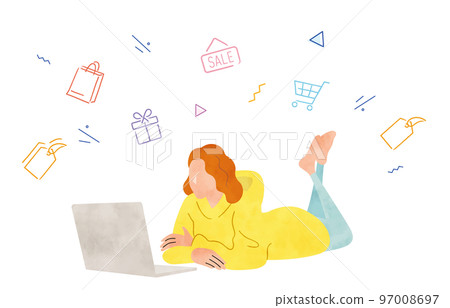 矢量插圖素材：一位女士用筆記本電腦在線購物 97008697