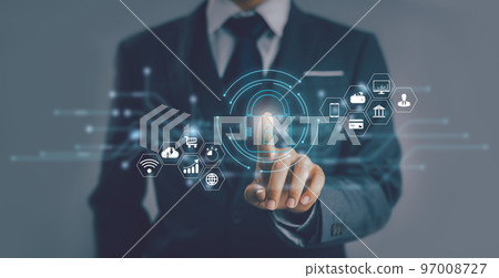 Asian businessman touching hologram button icon locked data blurred backbround. Asian businessman touching hologram button icon locked data blurred backbround. 97008727
