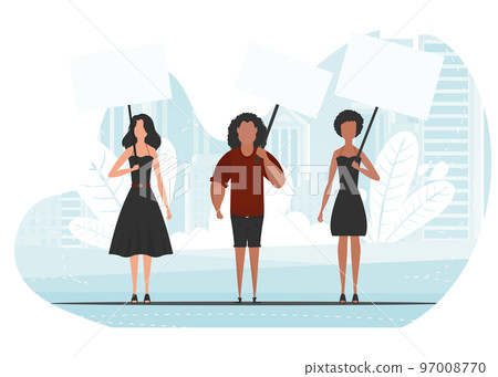 A group of people came out to protest. Banner in blue tones. Vector in cartoon style. A group of people came out to protest. Banner in blue tones. Vector in cartoon style. 97008770