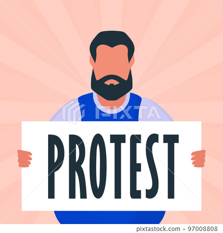 Brutal man with a banner in his hands. Protest concept. Cartoon style. Brutal man with a banner in his hands. Protest concept. Cartoon style. 97008808
