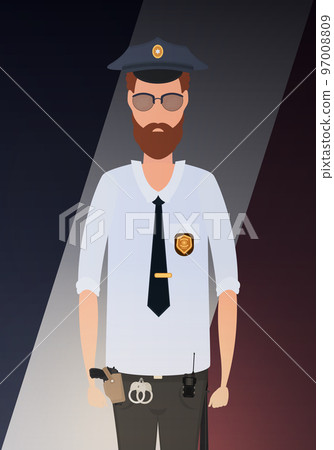 Policeman on the background of the flag. Cartoon style. 97008809