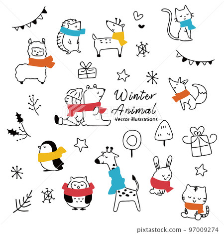 Cute winter animals line drawing Cute winter animals line drawing 97009274