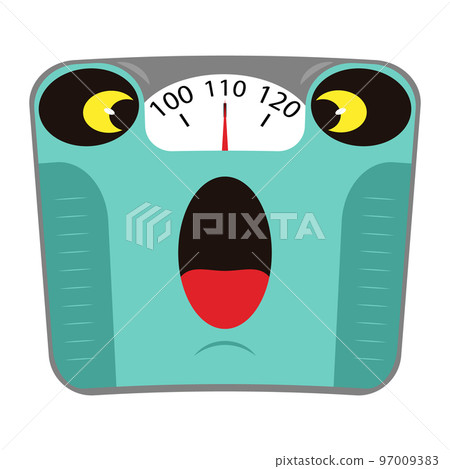 Mechanical body weight scale with high weight on the dial and scared face. Cartoon vector illustration. 97009383