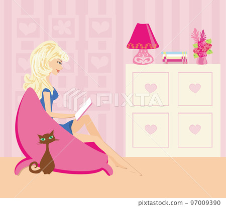 Illustration of a Girl Reading a book Illustration of a Girl Reading a book 97009390