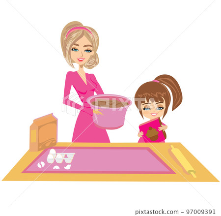 Happy daughter helping her mother bake cookies 97009391