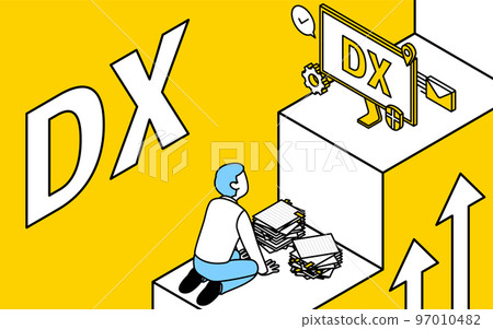 Image of a man who is busy with work considering business improvement with DX, isometric 97010482