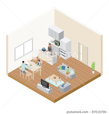 Isometric _ A man who works at home in the living room and a woman who cooks in the kitchen 97010700