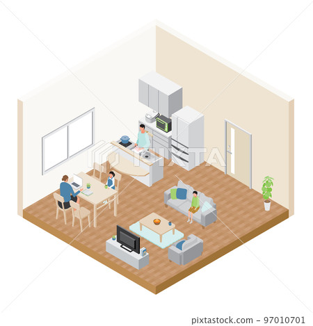 Isometric _ A woman who works at home in the living room and a man who cooks in the kitchen 97010701