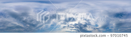 Overcast sky panorama on rainy day with Nimbostratus clouds in seamless spherical equirectangular format. Full zenith for use in 3D graphics, game and for aerial drone 360 degree panorama as sky dome. Overcast sky panorama on rainy day with Nimbostratus clouds in seamless spherical equirectangular format. Full zenith for use in 3D graphics, game and for aerial drone 360 degree panorama as sky dome. 97010745