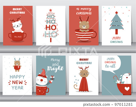 Set of cute Merry christmas  background with cute animal,Lovely cartoon background with holiday symbols,Vector illustrations. 97011281