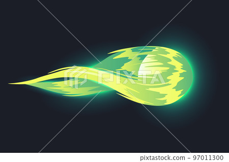 Cartoon laser gun beam. Alien combat weapon rays. Futuristic shot effect. Destructive plasma flow. Bomb blaster attack explosion. Vector game element 97011300