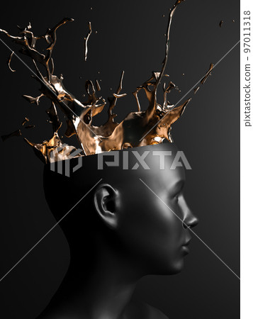 Head with golden splash and splatter black background. 3D rendering Head with golden splash and splatter black background. 3D rendering 97011318