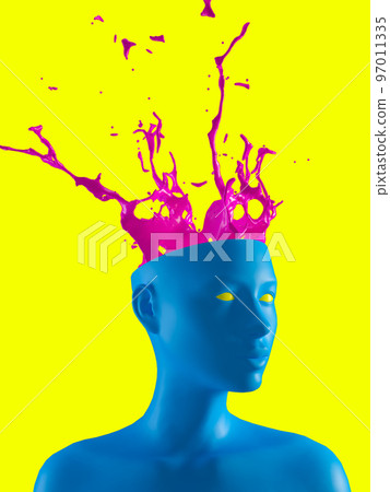 Head with neon pink splash and splatter white background. 3D rendering Head with neon pink splash and splatter white background. 3D rendering 97011335
