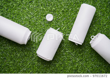 Many metal tins, cans and jars for recycling. Aluminum metal food and drink sorted scraps. Steel packaging. 97011672