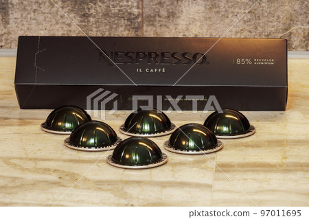 Nespresso Vertuo Pop machine Il Caffe aluminum pods with box and logo, used to create espresso-dripping coffee. 97011695