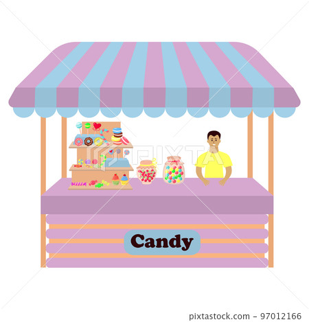 Stall counter with candy, lollipops, macaroons, cupcakes, donuts. Male seller is standing behind the counter. Stall counter with candy, lollipops, macaroons, cupcakes, donuts. Male seller is standing behind the counter. 97012166
