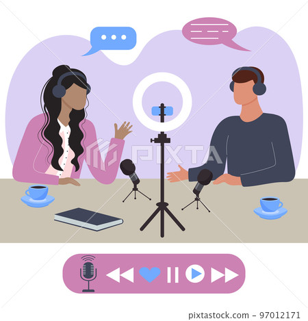 Podcast in studio. Man and woman in headphones talking to microphone recording podcast in studio. Mass media broadcasting. Podcast in studio. Man and woman in headphones talking to microphone recording podcast in studio. Mass media broadcasting. 97012171