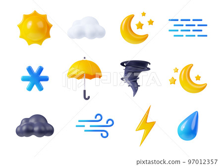 3D render weather icons set, sun, clouds, crescent 97012357