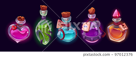 Cartoon set of magic potion bottles on black 97012376