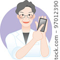 Geriatric doctor and nurse pointing at smartphone, doctor in white coat, researcher, etc. 97012390