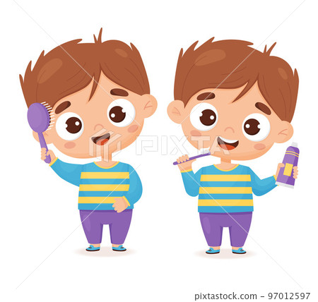 Cute boy brushes her teeth and combs her hair with comb. Concept of hygiene, personal care and beauty. Vector illustration in cartoon style for design, decor, print and kids collection. Cute boy brushes her teeth and combs her hair with comb. Concept of hygiene, personal care and beauty. Vector illustration in cartoon style for design, decor, print and kids collection. 97012597