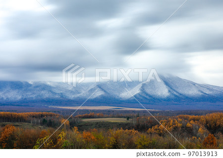 [Kamifurano Town, Hokkaido] Autumn leaves on snowy mountains and hills 97013913