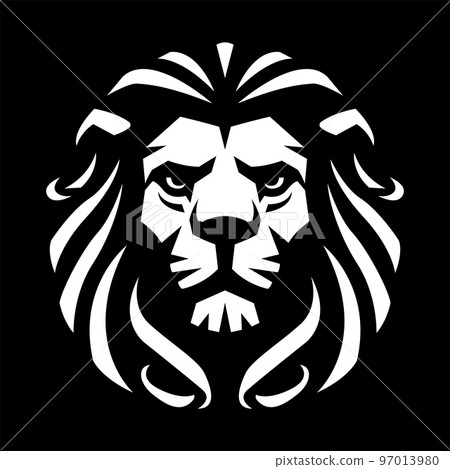 Lion head, monochrome logo, symbol on a dark background. Vector illustration. Lion head, monochrome logo, symbol on a dark background. Vector illustration. 97013980