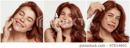Portrait of young, beautiful, red-haired woman taking care after skin, applying face cream isolated on white background. Moisturizing. Collage 97014601