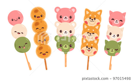 Dango Japanese traditional dessert set isolated on white. Hanami Dango dessert with 3 colors pink, white and green. Dango Japanese traditional dessert set isolated on white. Hanami Dango dessert with 3 colors pink, white and green. 97015498