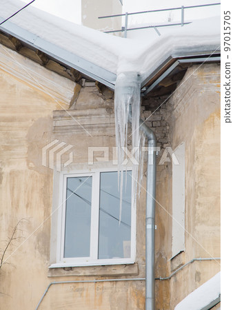 Dangerous, frozen icicles hang on a drainpipe, spring or winter.  97015705