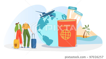 Globe travel concept, vector illustration, flat tiny man woman character ready for world journey, tourist couple stand near huge earth, passport Globe travel concept, vector illustration, flat tiny man woman character ready for world journey, tourist couple stand near huge earth, passport 97016257