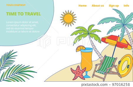 Timr to travel, landing banner, vector illustration, vacation at tropical summer beach with sea, tourism at season holiday, ocean neture, web page Timr to travel, landing banner, vector illustration, vacation at tropical summer beach with sea, tourism at season holiday, ocean neture, web page 97016258