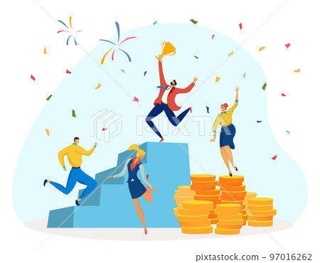 Success business people win concept, vector illustration, flat man woman winner character stand at piedestal, goal successful achievement at coin. 97016262