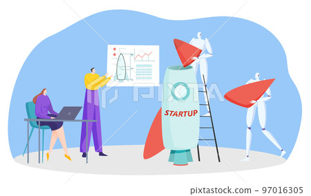 Rocket startup technology with robot, vector illustration, flat business man woman character design new spaceship with artificial intelligence. 97016305