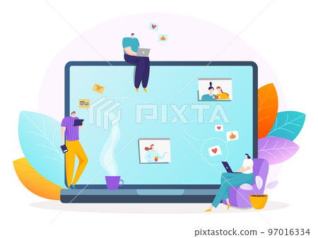 Internet message at social media concept, vector illustration, flat man woman character use network at laptop screen, communication online 97016334