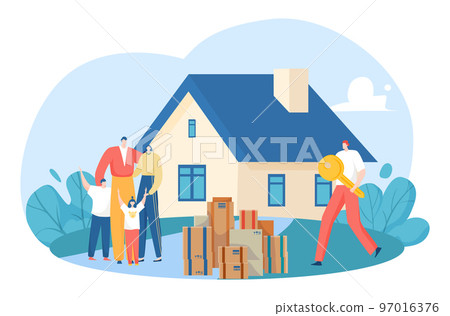 Mortgage rent for property concept, vector illustration, flat owner character give home key to family, parent children buy house apartment. 97016376