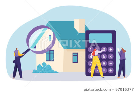 Mortgage property concept, vector illustration, flat tiny man woman people character stand near home, count real estate rent, investment. Mortgage property concept, vector illustration, flat tiny man woman people character stand near home, count real estate rent, investment. 97016377