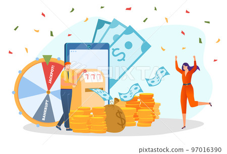 Win lottery concept, vector illustration, flat tiny man woman character stand near lucky wheel, online gambling with jackpot prize money. Win lottery concept, vector illustration, flat tiny man woman character stand near lucky wheel, online gambling with jackpot prize money. 97016390