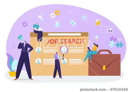 Job search, career recruitment at internet, vector illustration, flat tiny man woman character look for hiring, employment online at web page. 97016398