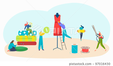 Fashion tailor work, handicraft concept, vector illustration, flat tiny man woman character designer sewing clothes together, guy decorate dress 97016430