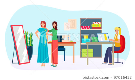 Designer sewing clothing from fabric, vector illustration, tailor woman character have fitting with flat customer gir at atelier, dress measurement. Designer sewing clothing from fabric, vector illustration, tailor woman character have fitting with flat customer gir at atelier, dress measurement. 97016432