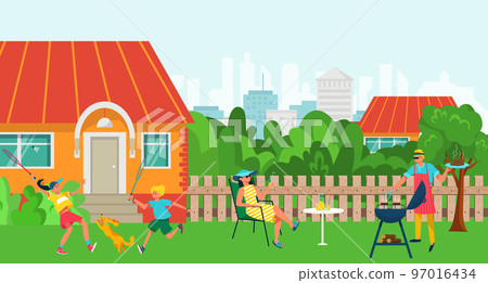 Barbecue party at family backyard, vector illustration, flat man woman character have picnic together, outdoor leisure with father, mother Barbecue party at family backyard, vector illustration, flat man woman character have picnic together, outdoor leisure with father, mother 97016434