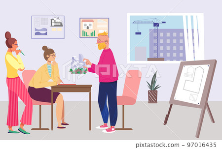 Architect team work with construction project concept, vector illustration, flat engineer man woman character look at building architecture model Architect team work with construction project concept, vector illustration, flat engineer man woman character look at building architecture model 97016435