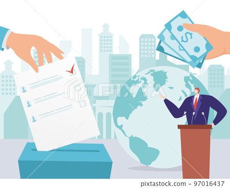 Election candidate give money for vote, corruption concept vector illustration, huge voter character hand put poll document form in box. Election candidate give money for vote, corruption concept vector illustration, huge voter character hand put poll document form in box. 97016437